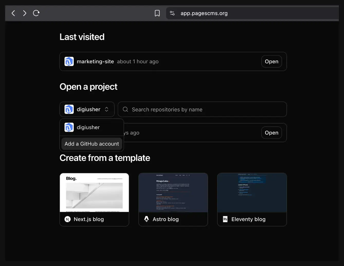 Pages CMS prompt to add a GitHub account after signing in