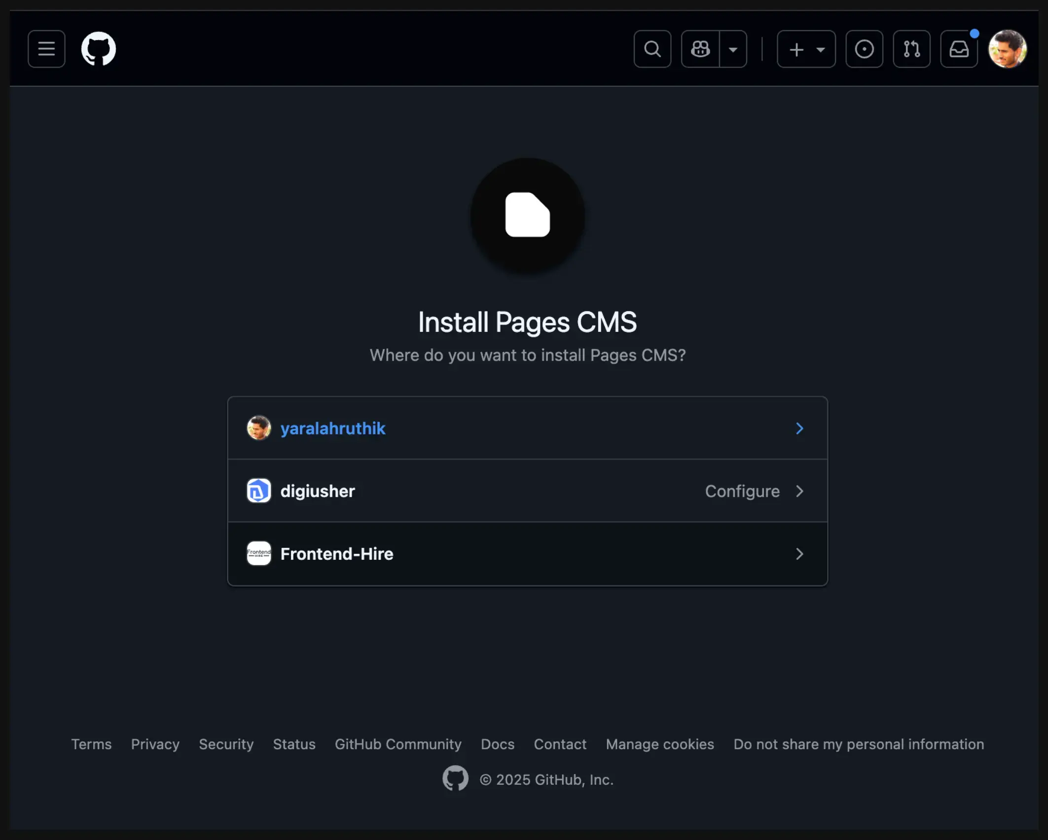 List of GitHub accounts available to connect with Pages CMS