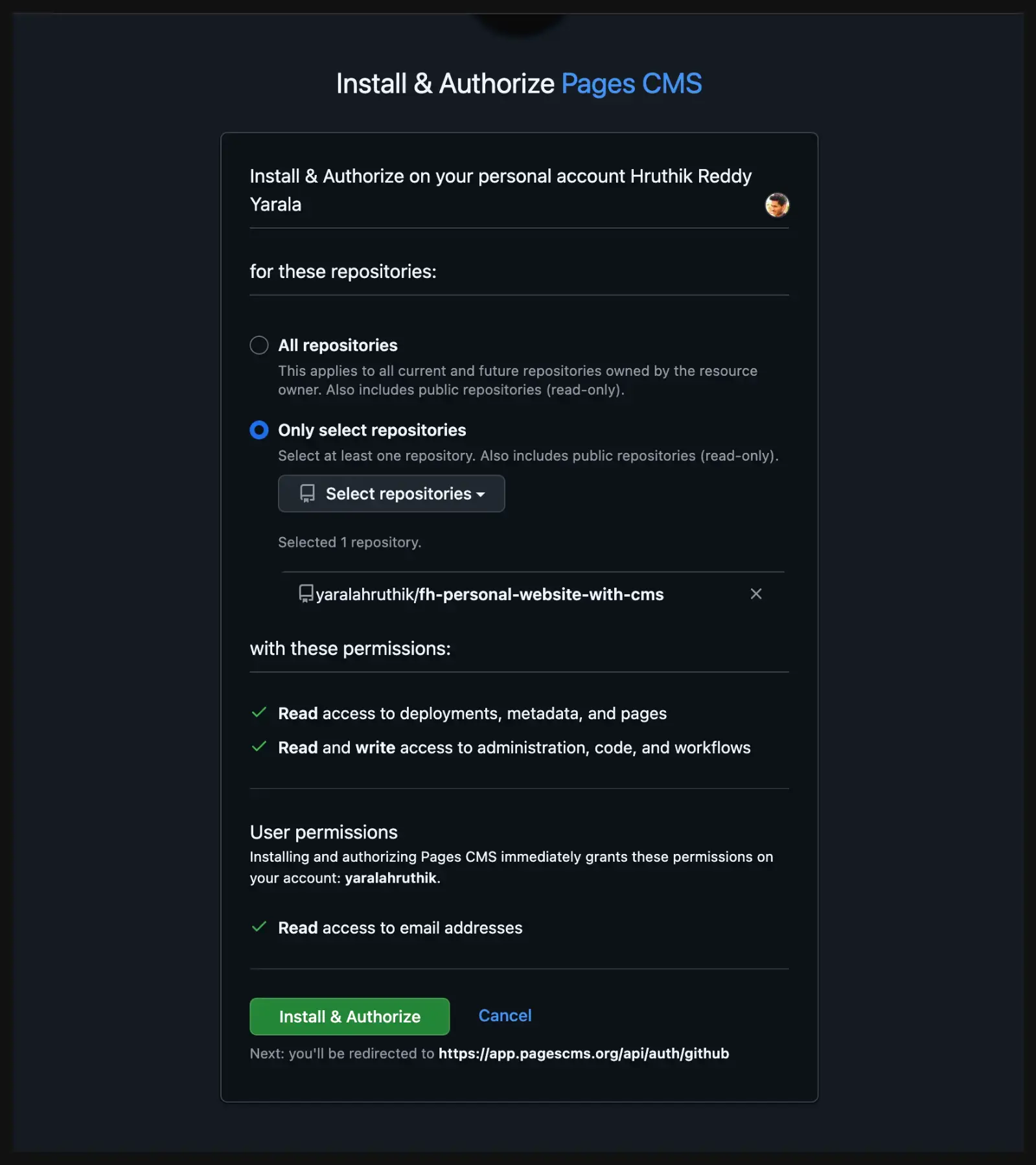 Option to install Pages CMS only for selected repositories for better security