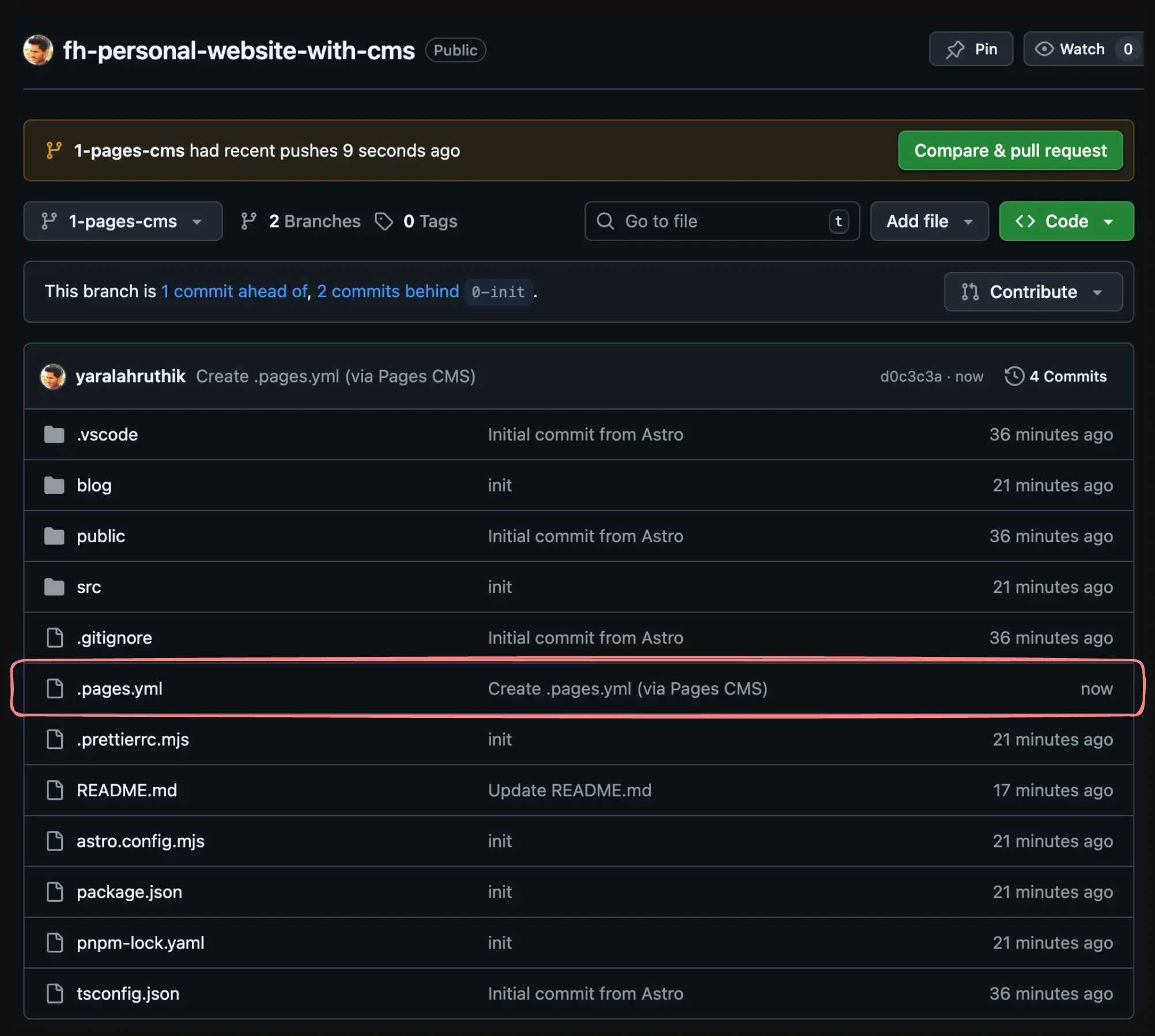Confirmation screen where Pages CMS has created and committed the configuration file to the repo