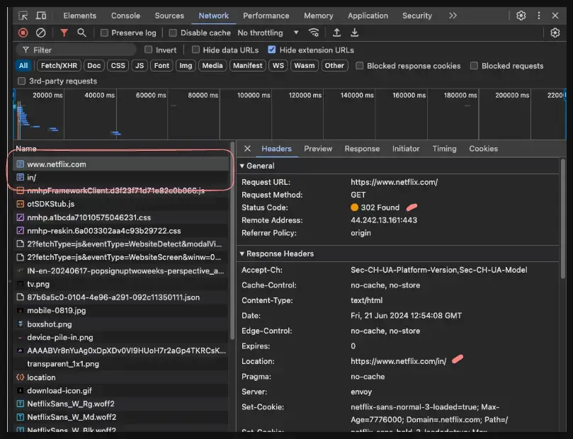 Network Requests for Geo Redirection of Netflix