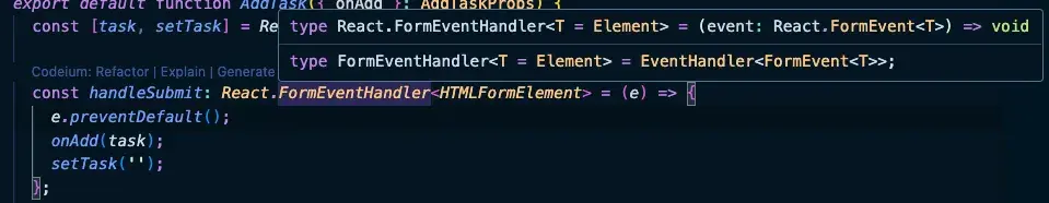 Editor suggesting the type of parameter e