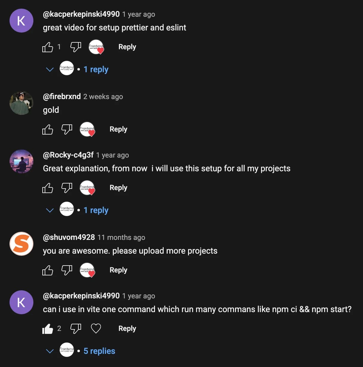 YouTube comment from a learner praising the clarity of Frontend Hire videos.