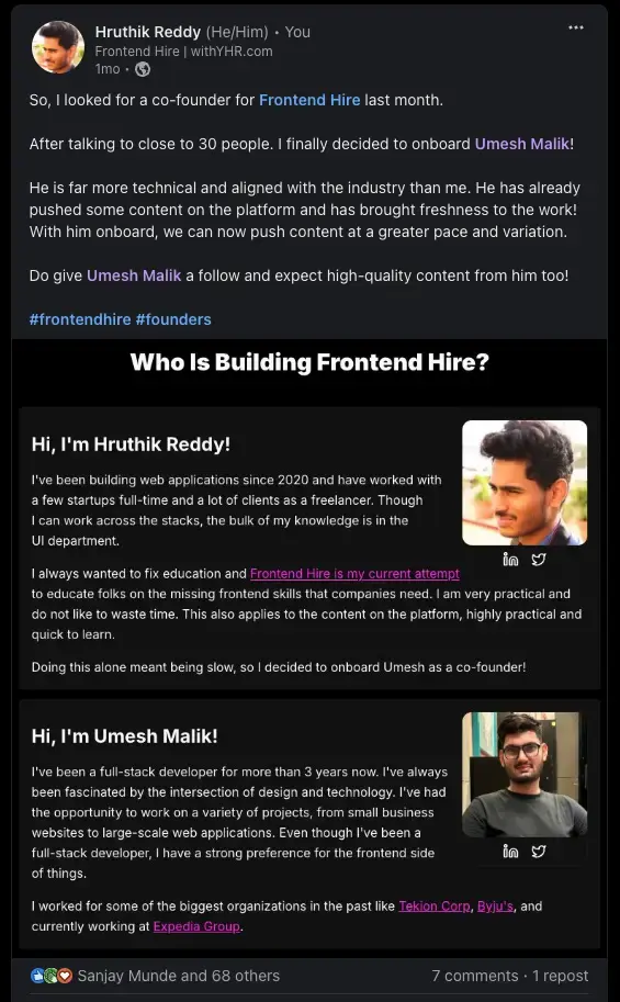 Introducing Umesh as the co-founder